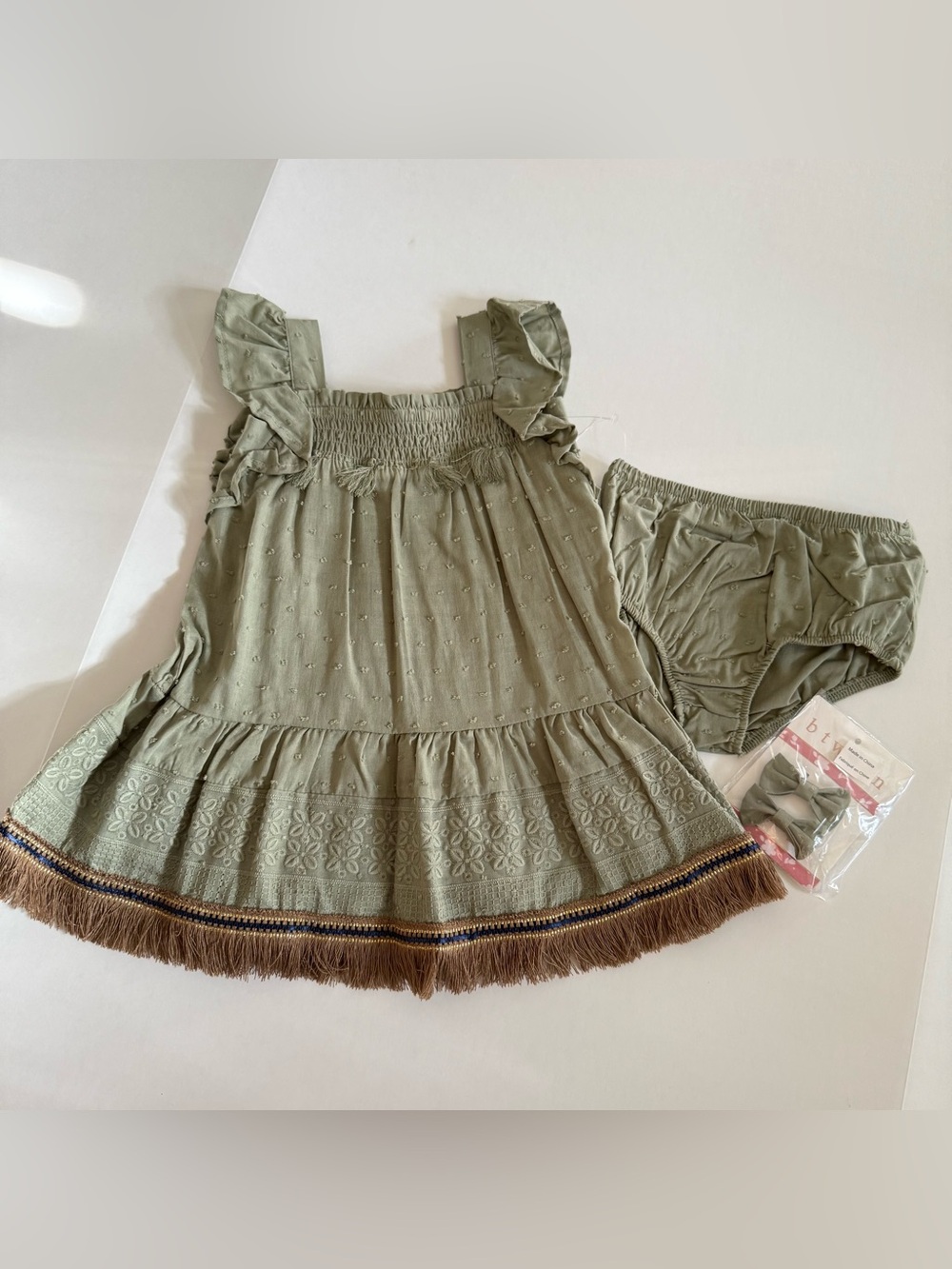 New size 12M Baby Dress & Bloomers Set w/ Bows, Embroidery, Israelite Fringe